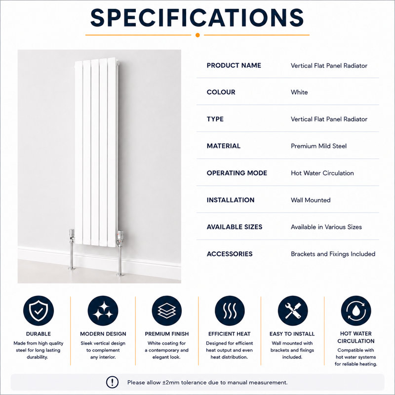 Peter Vertical Flat Double Panel Radiator, White, 1800mm H x 340mm W