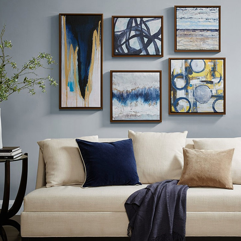 5 peintures murales abstraites avec des toiles bleues, grises et jaunes et une toile de fond enchanteresse, 5 dans un superbe look