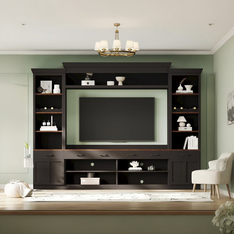For Tvs Up To 70 Inches With Bookshelves, Adjustable Shelves, Wine Rack, Mid-Century Style Large Media Console, Black