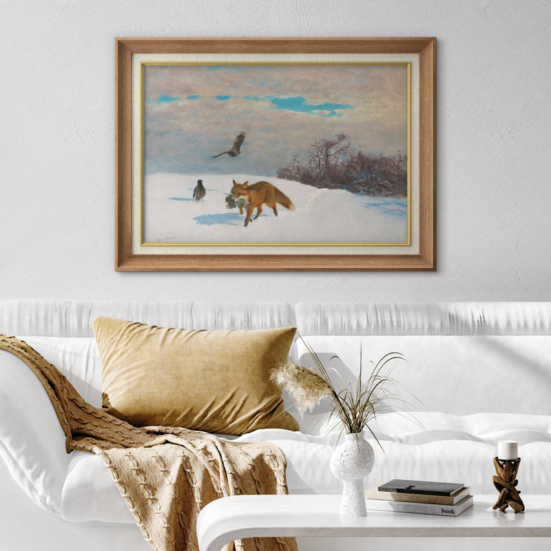 Illustration d'un renard roux avec proie et oiseaux dans la neige, images de chambre à coucher, impression sur toile encadrée