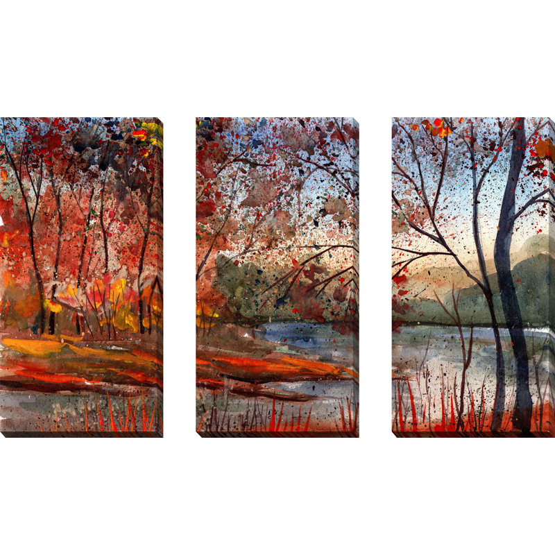 «Autumn Lake», ensemble de 3 reproductions d'art sur toile tendue