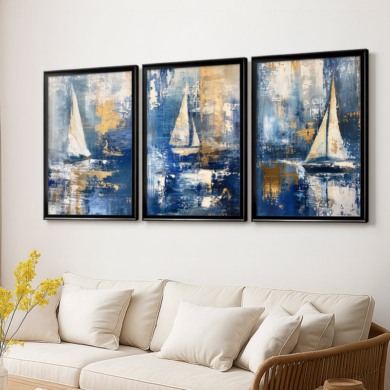 NAUTICAL Series CLXXXVI - Toile tendue avec châssis sur mesure - 3 pièces, H 21 po x l 30 po, Noir