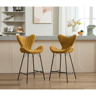 Wahson Bar Stools Set of 2 in Chenille Fabric Modern Counter Chairs with Stylish Designed Backrest for Home Bar Restaurant, Yellow