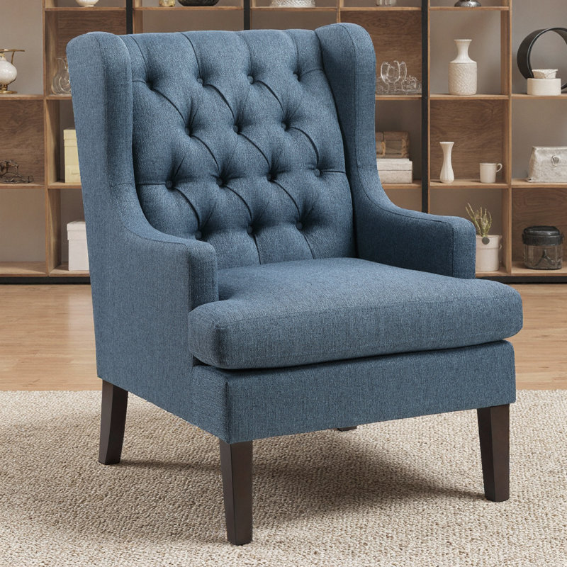 Fauteuil d'appoint en tissu capitonné à boutons bleus - siège rembourré en mousse et pieds espresso, l 29 po, Blue