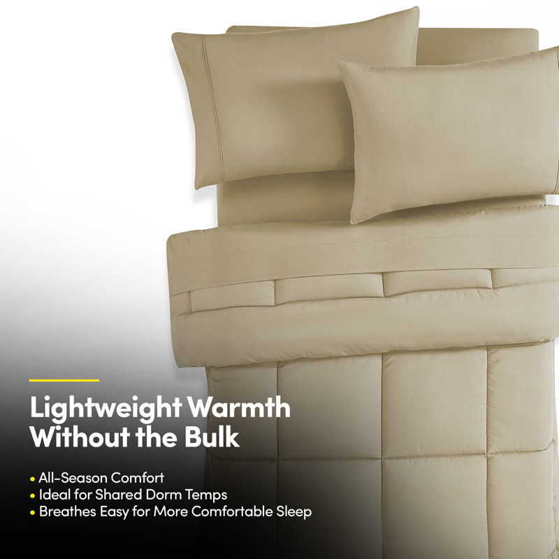7PC Campus Ready Dorm Twin XL Bedding Bundle, Solid Comforter, Pillows And Sheet Set, Taupe