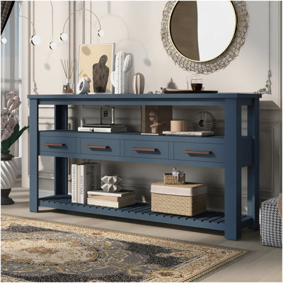 Grande table d'entrée de 62,2 po avec 4 tiroirs, console peinte avec tablettes ouvertes à 3 niveaux et poignées en métal, table de canapé d'entrée polyvalente pour le salon, la chambre à coucher, le vestibule et la cuisine