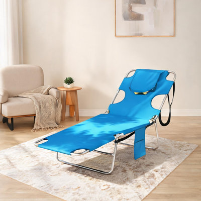 Fauteuil inclinable pliant avec dossier réglable à cinq positions et cavité faciale, structure en acier, tissu Oxford bleu, pour le patio ou le salon