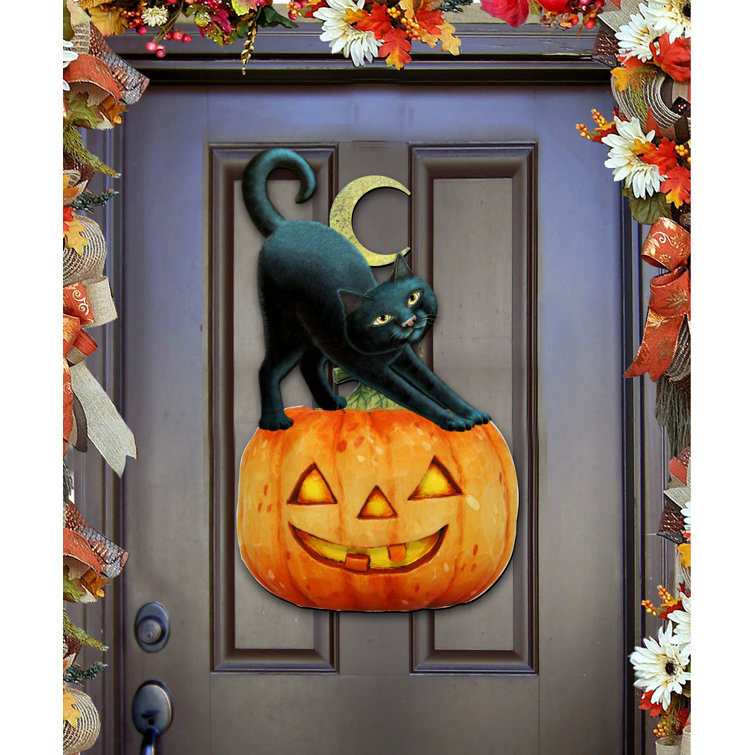 The Holiday Aisle® Spooky Pumpkin Halloween Cat Wooden Door Hanger | Wayfair