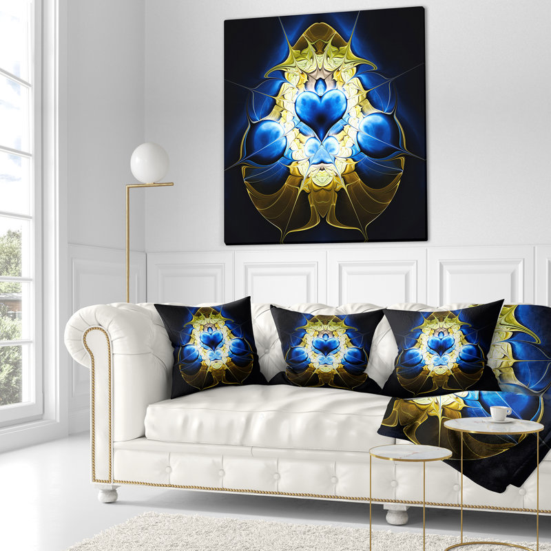 Grand coussin abstrait abstrait symétrique, 18 po x 18 po, Bleu / doré, Carré