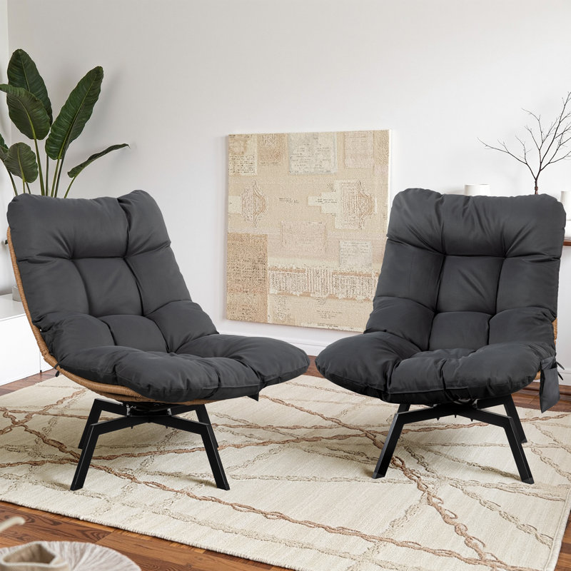 Chaise pivotante d'extérieur en osier avec coussins, Gris foncé, Naturel