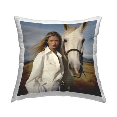 Equestrian Girl & White Horse Outdoor Printed Pillow by RB