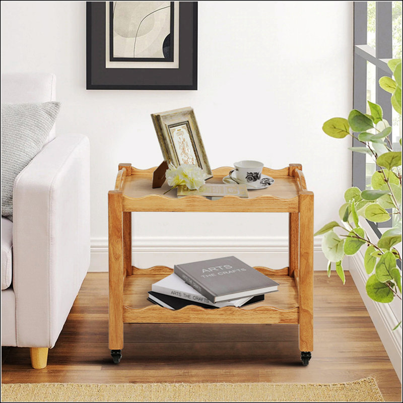 Table d'appoint roulante en bois d'hévéa massif, à 2 niveaux avec roues verrouillables et plateau amovible, robuste et durable pour de multiples utilisations