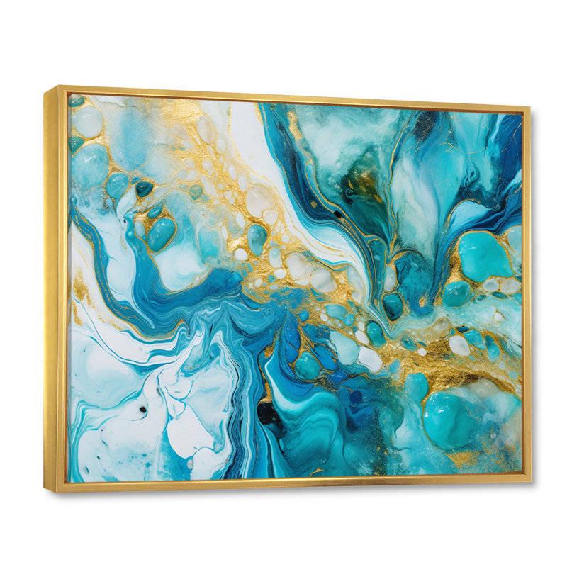 Turquoise de luxe abstrait, art fluide, impression sur toile abstraite, H 34 po x l 44 po x P 1,5 po, Cadre flottant doré