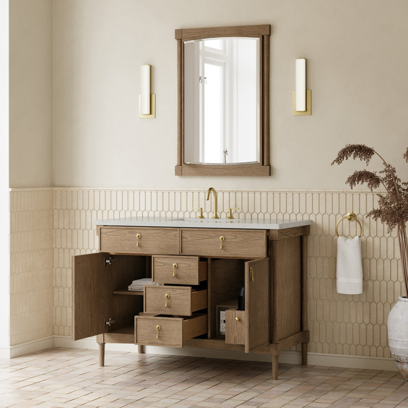 Kinnsden 48" W Single Vanity, Lime Delight Silestone, 8" Widespread, Weathered Oak