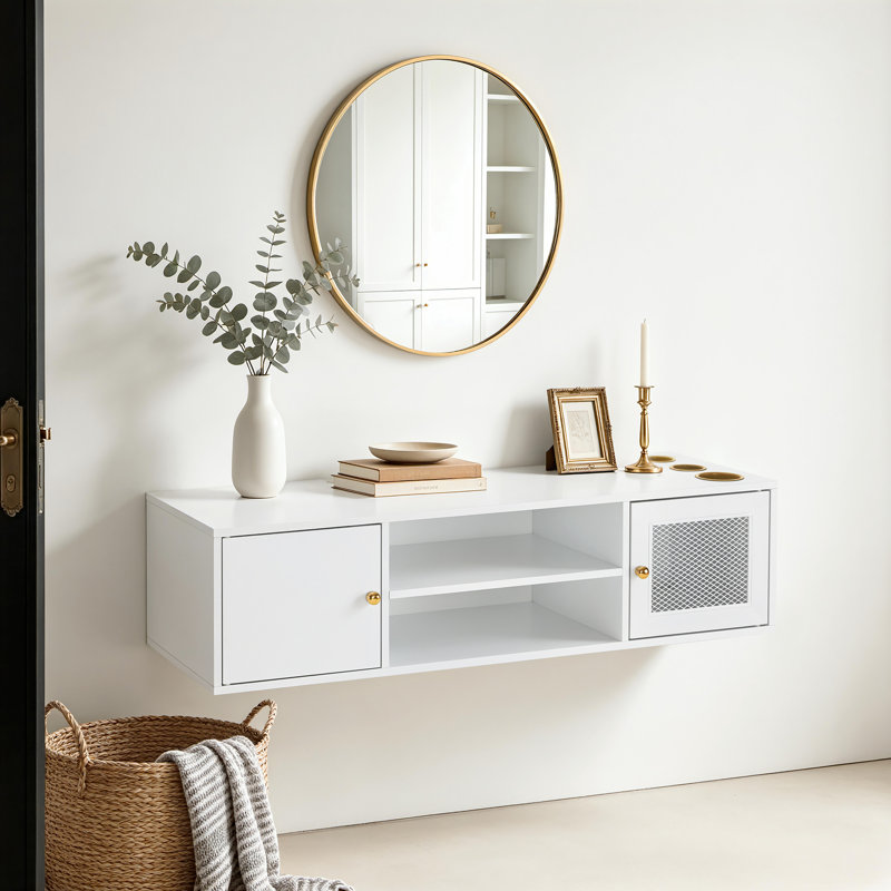 Meuble télé flottant, meuble de rangement mural pour console télé, 47 po de largeur, Blanc