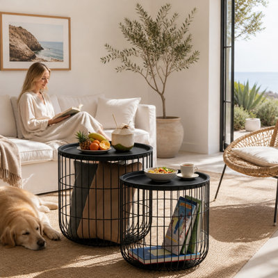 Modern Wire Frame Accent Tables,Round Side Tables with Removable Top,Coffee Table Set