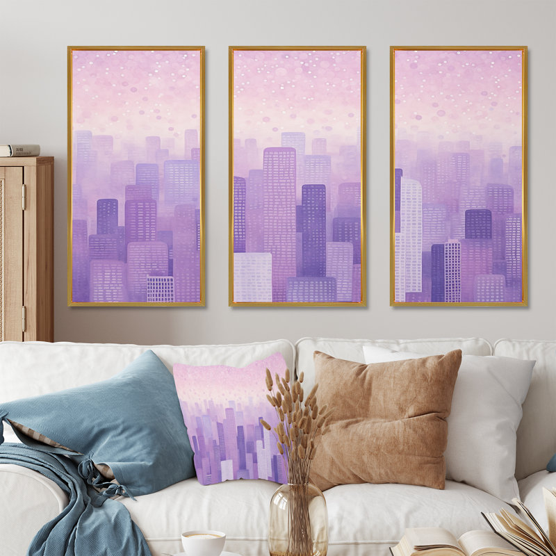 Lilas superposés, gratte-ciel, horizon urbain - ensemble d'art sur toile gratte-ciel, Cadre flottant doré