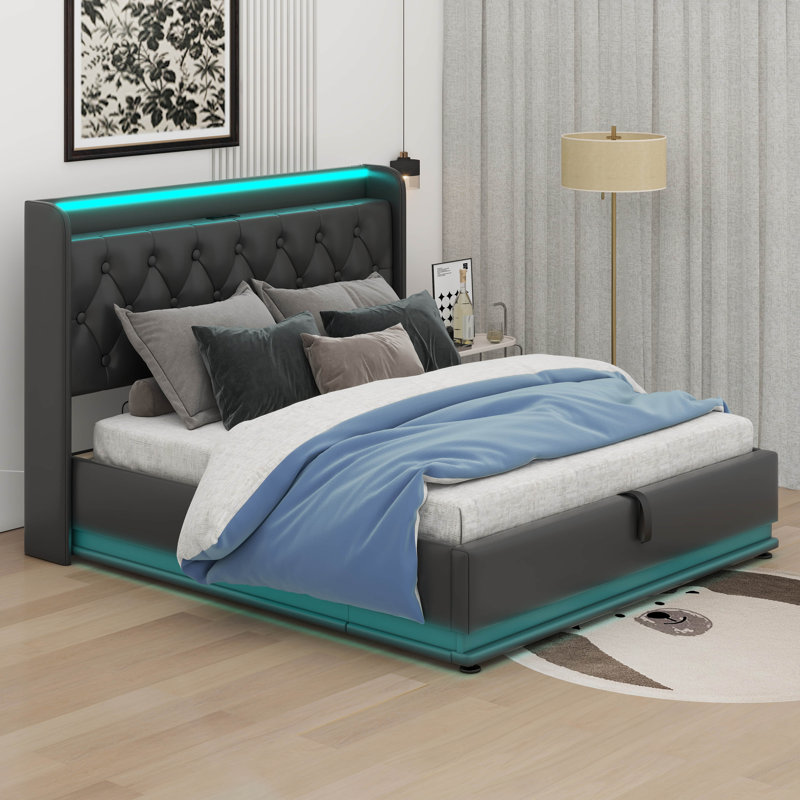 Full Size Upholstered Bed, 360 Surround LED Function,  Hydraulic Storage, Queen