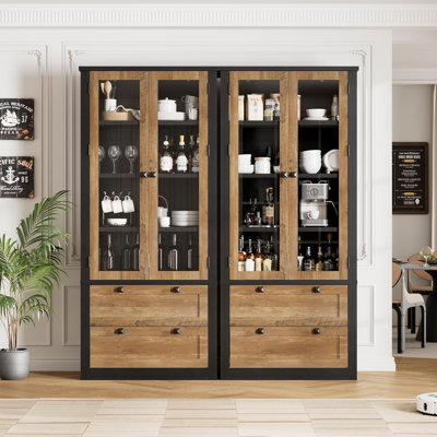71" Tall Kitchen Pantry Cabinet with Drawers & Glass Doors, Storage Cupboard, Black Brown