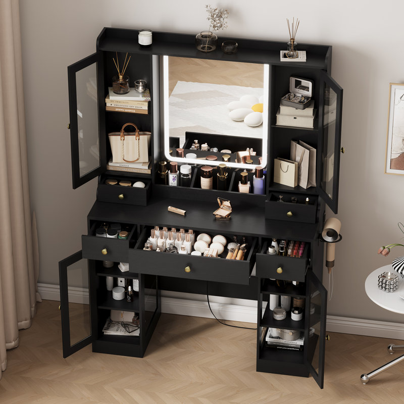 Vanity Desk with Lighted Mirror, RGB Glass Cabinet & Glass Top, White Makeup Dressing Table with 3 Drawers and 3 Color Modes for Bedroom