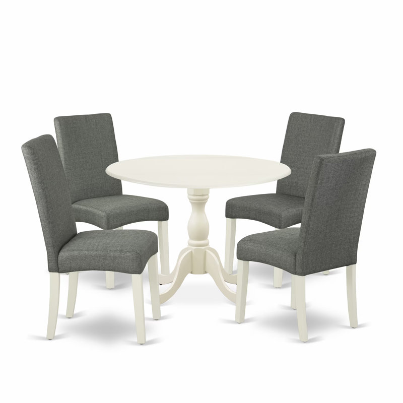 L'ensemble de table de cuisine 5 pièces pour 4 personnes comprend une table de salle à manger ronde avec Dropleaf et 4 chaises de salle à manger Parsons en tissu gris, lin blanc