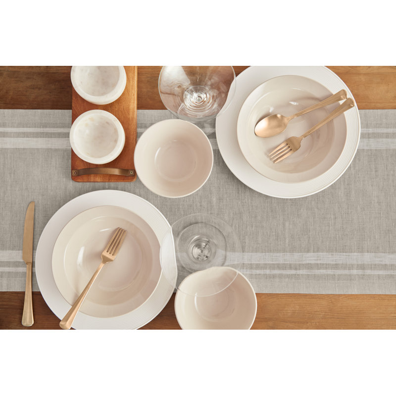 White and Natural French Stripe Linen Table Runner 14 x 36 Inch