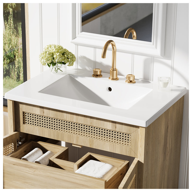 Meuble-lavabo de 30 po avec portes en rotin tissé à la main et structure en bois massif au fini naturel