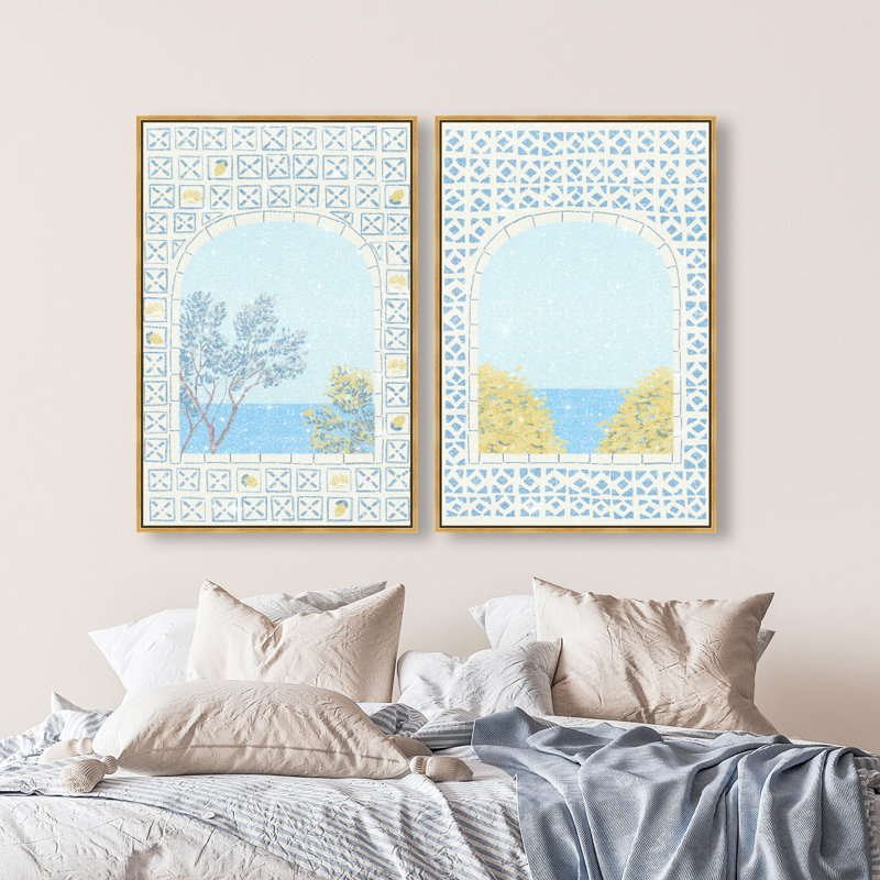 Mediterranean Window Set Set by Oliver Gal, 50"H x 34"W, Gold Floater Frame