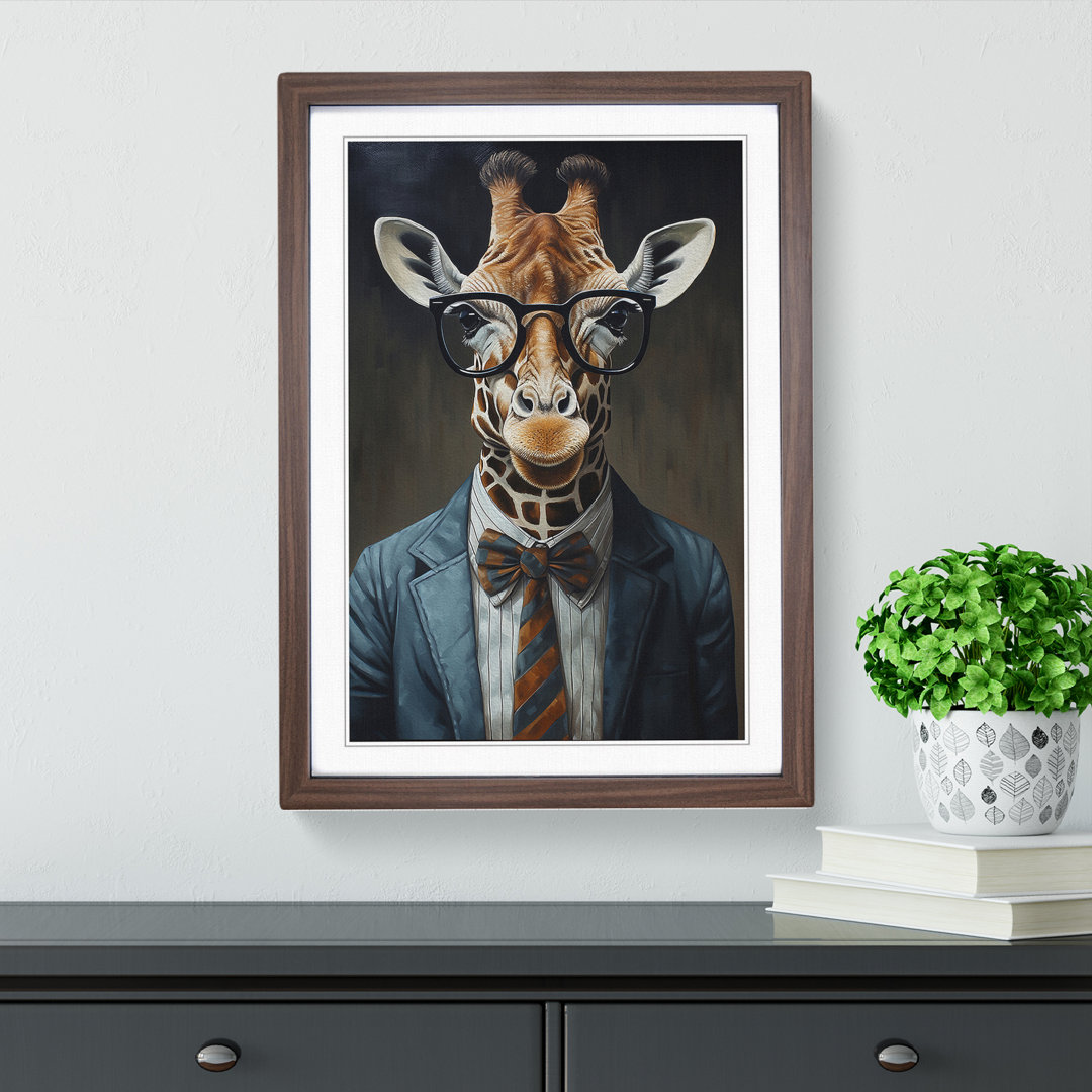 Giraffe with Glasses Painting - Framed Print