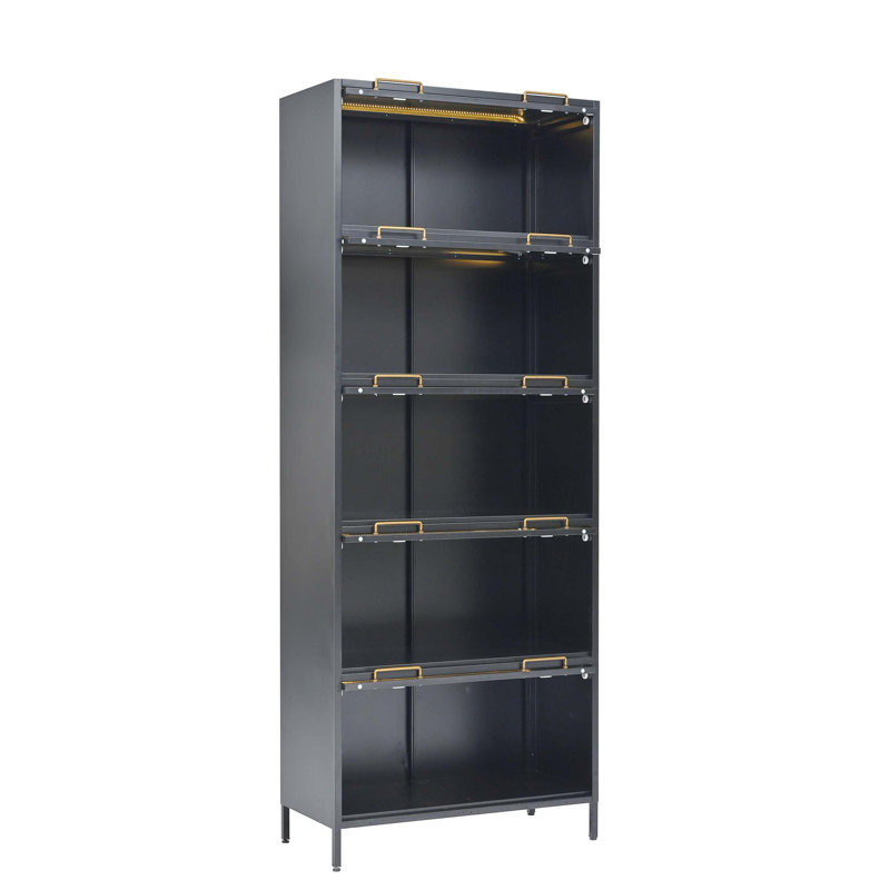 Modern Iron Curio Cabinet with LED Lighting and Slide-in Doors, Black