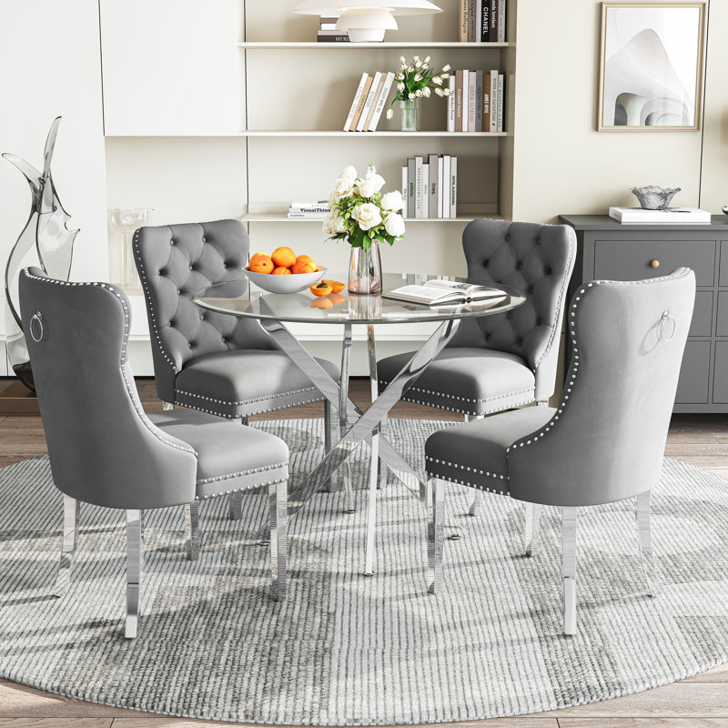 36" Round Glass Dining Set, Modern Velvet Upholstered Chairs with Cross Stainless Steel Base, 5 Pieces: Table, 4 Chairs