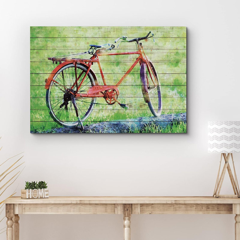 Aquarelle, pastel, vert, vélo rétro, transport, vélos, effet bois, panneaux, rustique, H 32 po x l 48 po