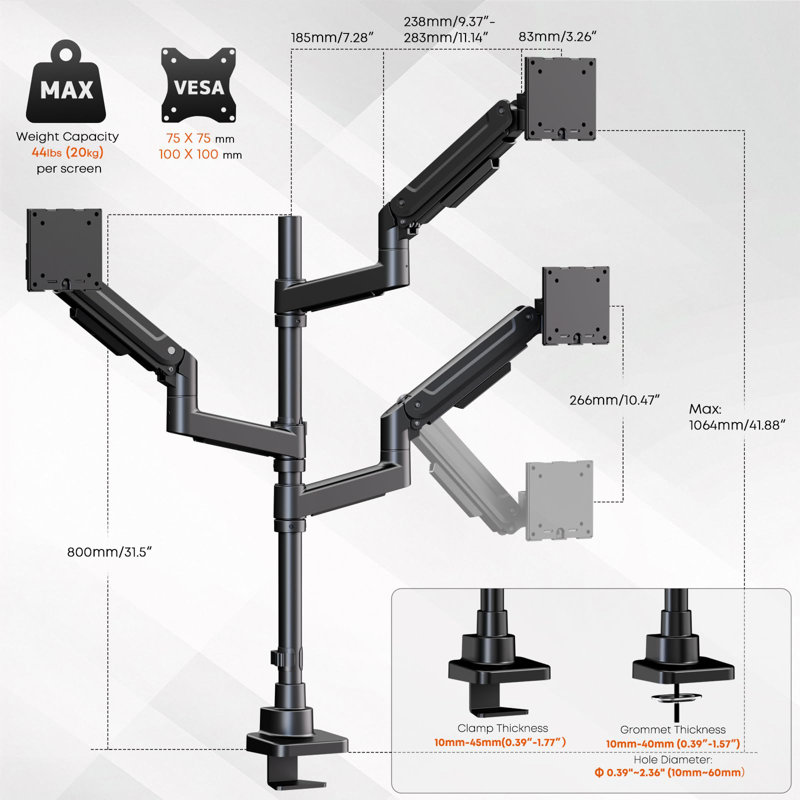 Support de moniteur triple pour écrans de 17 à 49 pouces - Support de bureau à bras de moniteur triple robuste pour écrans ultrawide, réglage complet, charge maximale de 20 kg par écran