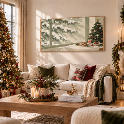 Tableau mural sur toile représentant des branches de pin enneigées devant une fenêtre avec un sapin et un sapin de Noël