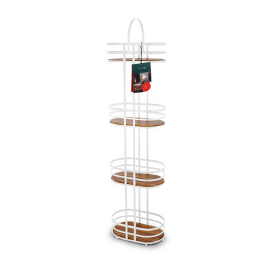 4-Tier Oval Caddy Bathroom Floor Storage Shelf Organizer with Acacia Wood Accents in Matte White