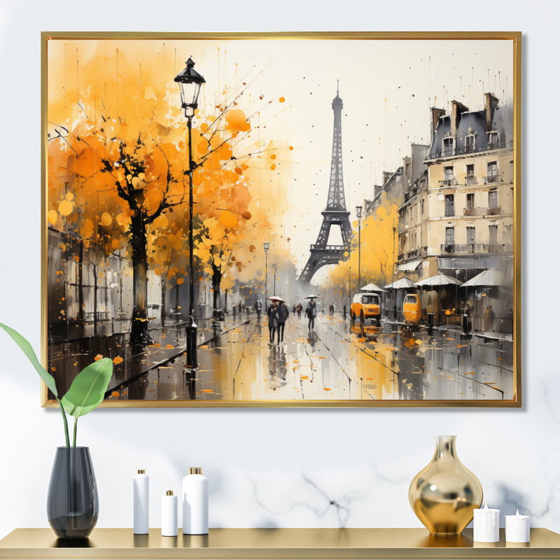 Jaune et gris, art de rue parisien - art mural Paris, H 34 po x l 44 po, Cadre flottant doré