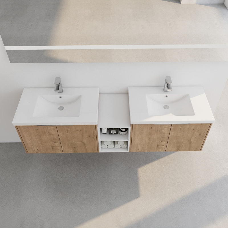 Meuble-lavabo à fermeture en douceur avec lavabo, 71", Imitation chêne