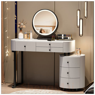Coiffeuse moderne minimaliste avec miroir amovible et armoire latérale rotative, meuble-lavabo facile à assembler pour un rangement polyvalent