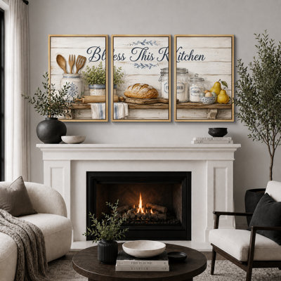 Bless This Kitchen Quote with Bread Jars and Utensils Artwork, Kitchen Pictures, Framed Canvas Giclee Print 3 Pieces Wall Art - 16"x24"x3pcs