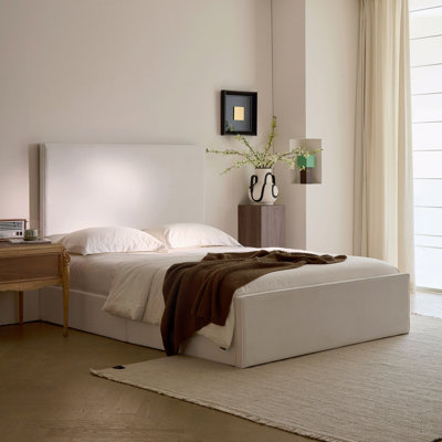 Grand lit plateforme tapissier avec tête de lit de 52 po de hauteur, structure de lit en lattes de métal en microsuède de coco, aucun sommier requis