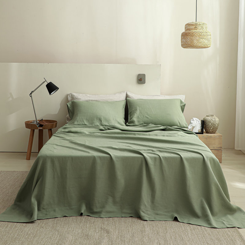 Ensemble de draps 100% lin, Ensemble de draps pour grand lit avec 2 taies d'or, Vert