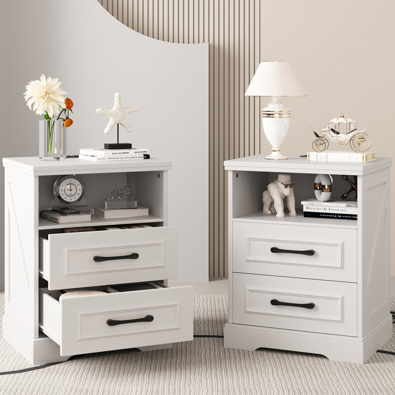 Farmhouse 2-Drawer Nightstand with Charging Station and Open Storage Shelf, 17.7" W, White, Set of 2