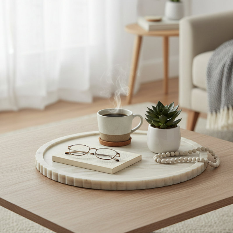 Haight Elise Beige Marble Round Tray Ribbed Edge, Beige