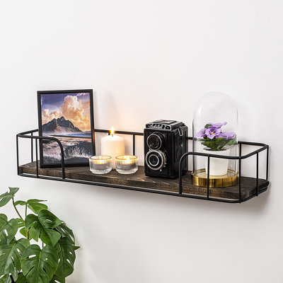Industrial Wall Shelf, Black & Dark Walnut, 23.6 x 3.9 x 5.9 inches | 100% Spruce Wood (Thickness: 0.4 inches) & 100% Metal Frame (Thickness: 0.06 inches) | Stylish Storage Solution for Home & Office Décor