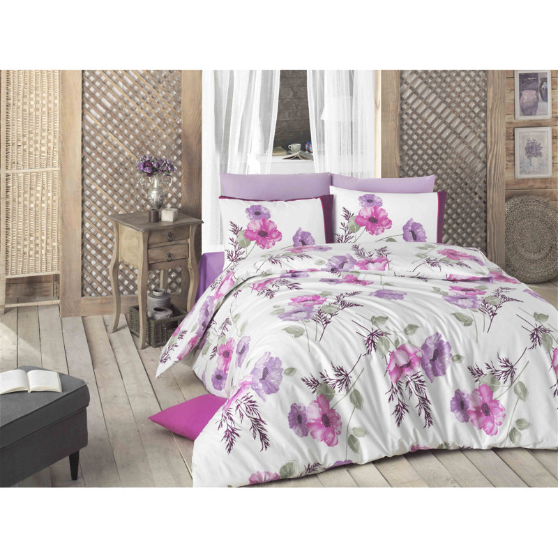 Ensemble de housse de couette 100% coton blanc / lilas / rose Turnbull 4 pièces