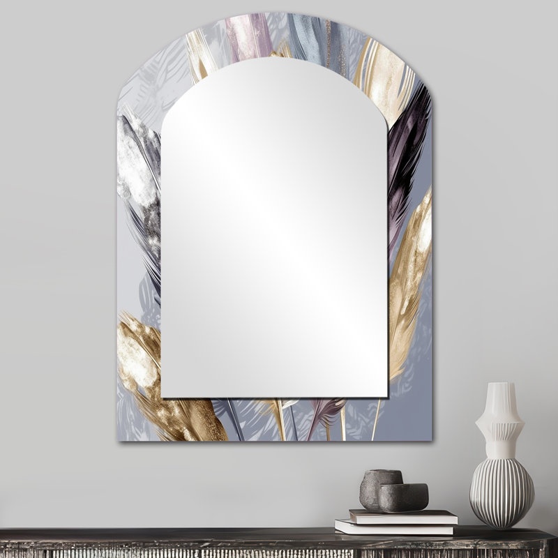 Purple Feather Boho Majesty - Glam Feather Arch Decorative Mirror, Modern Asymmetrical Large Wall Mirror, Printed Metal Art