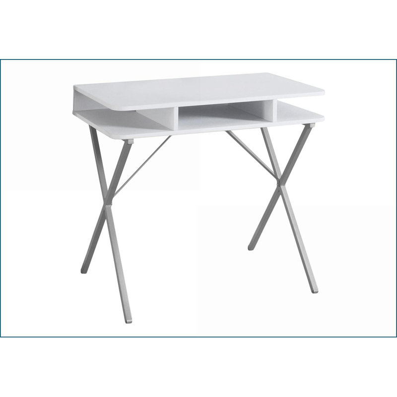 Bureaux: bureau d'ordinateur moderne avec 3 tablettes de rangement, L 31,5 po stratifié blanc, base en métal gris | Blanc | Panneau de fibres à densité moyenne