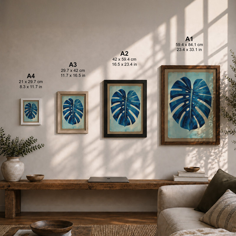Monstera in Blue Botanical - Framed Print, A4 - 29.7 x 21.0 cm, White