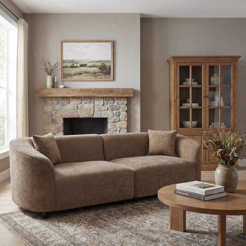 Kaori 87.5 in Mid-Century Modern Curved Upholstered Sofa, Brown Polyester