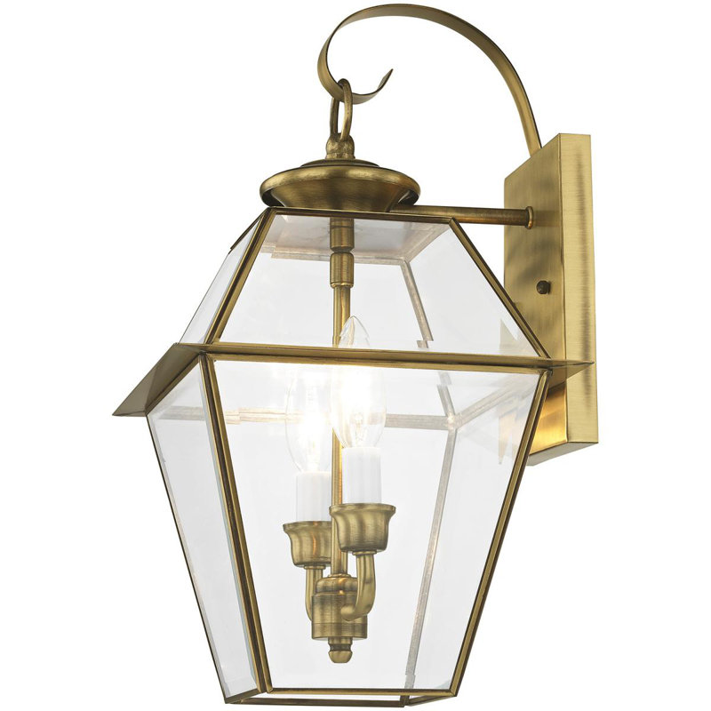 9in 2-Light Outdoor Wall Lantern, Clear Beveled Glass, Pendant Lighting Fixture, Antique Brass
